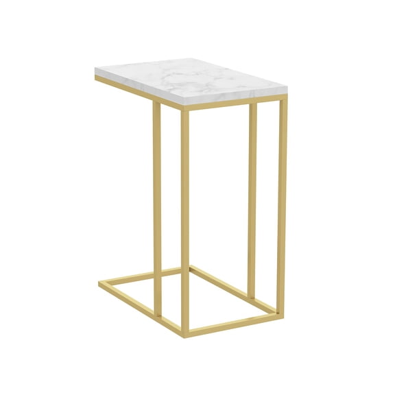 Pemberly Row Modern 19"L C-Shape Marble Accent Table in Gold Metal