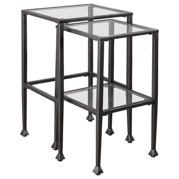 Pemberly Row Modern 2-Piece Clear Glass Top Nesting Table in Black