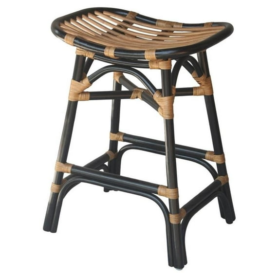 Pemberly Row Modern 24" Rattan Saddle Seat Counter Stool in Black