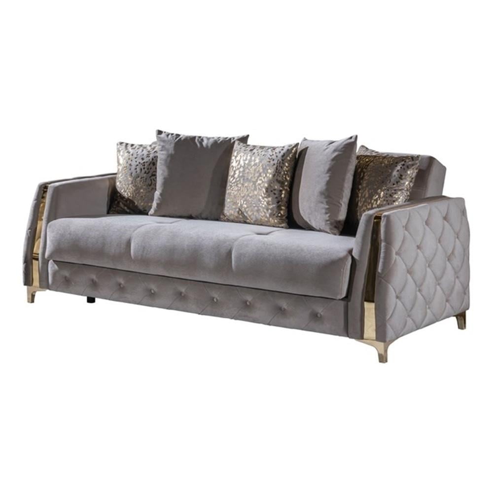 Luxurious Gray Fabric Sofa with Gold Accents and Manufactured Wood Frame