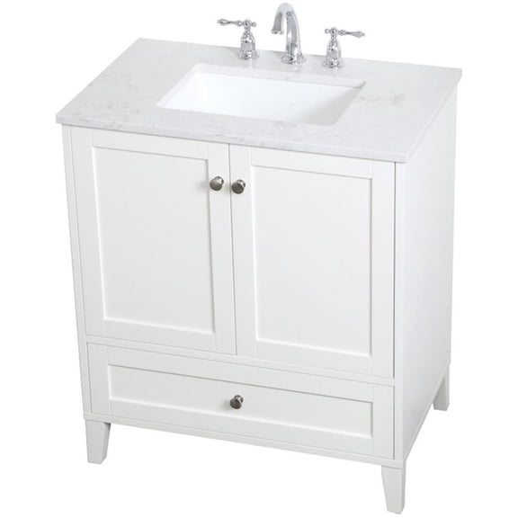 Pemberly Row Modern 30" Single Quartz Top Bathroom Vanity in White