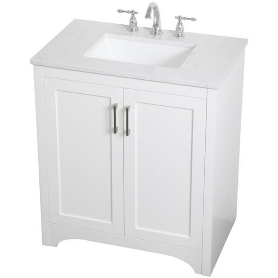 Pemberly Row Modern 30" Single Quartz Top Bathroom Vanity in White