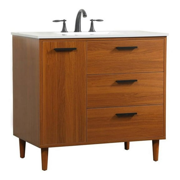 Pemberly Row Modern 36" Solid Wood and MDF Bathroom Vanity in Teak