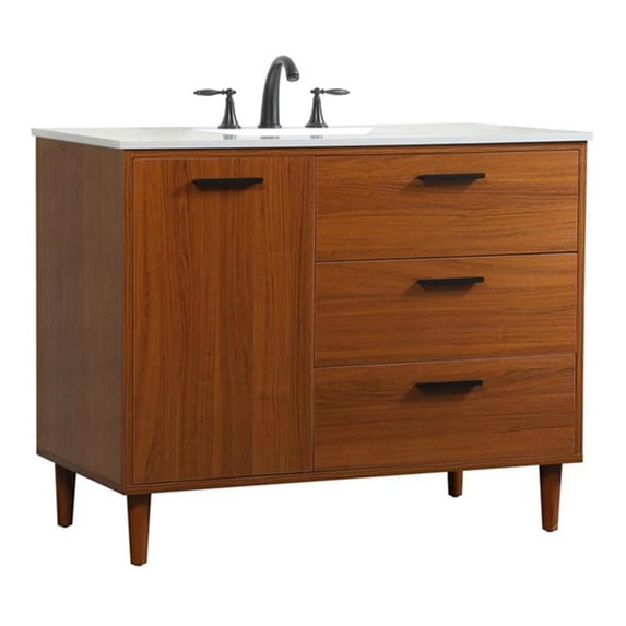 Pemberly Row Modern 42" Solid Wood and MDF Bathroom Vanity in Teak