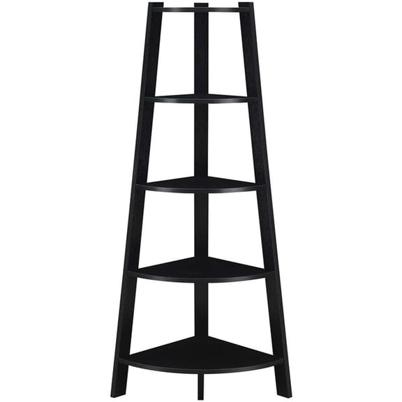 Pemberly Row Modern 5-Tier Wide Corner Bookcase in Black Wood