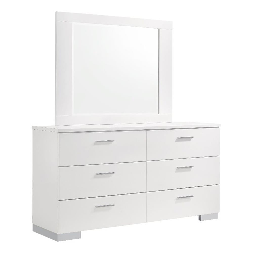 Glossy White 6-Drawer MDF Dresser with Mirror and Felt Lined Drawers