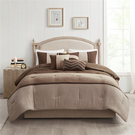 Pemberly Row Modern 7-Piece Faux Suede Comforter Set in Brown