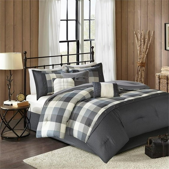 Pemberly Row Modern 7 Piece Herringbone Comforter Set in Gray
