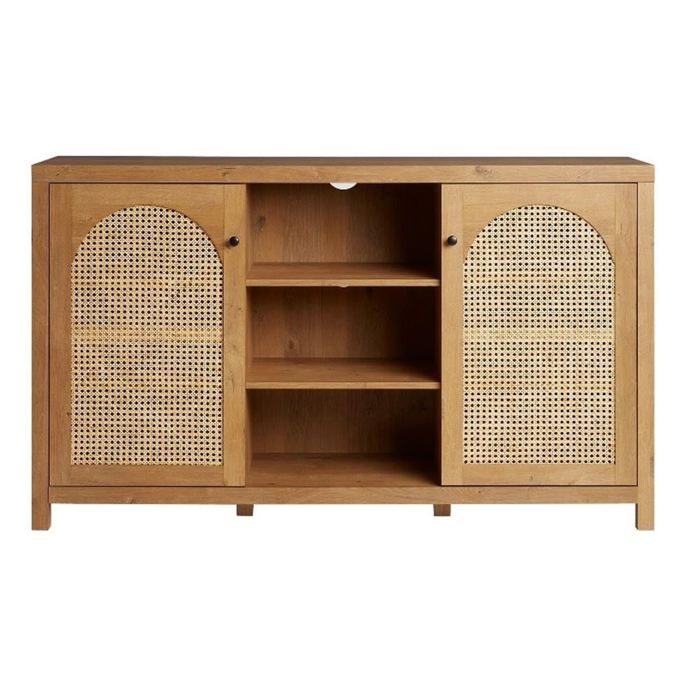 English Oak Modern Arched Rattan 2-Door Wood Sideboard 58"