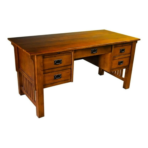 Pemberly Row Modern Arts and Crafts 5-Drawer Wood Desk in Brown