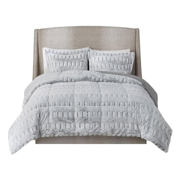 Pemberly Row Modern Back Print Long Fur Comforter Mini Set in Gray