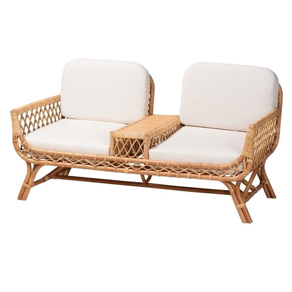 Pemberly Row Modern Bohemian Light Honey Rattan Tete-a-Tete Sofa