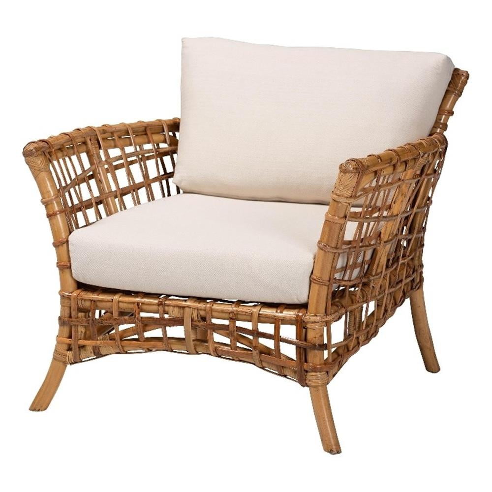 Handcrafted Natural Brown Rattan Armchair with Upholstered Cushions