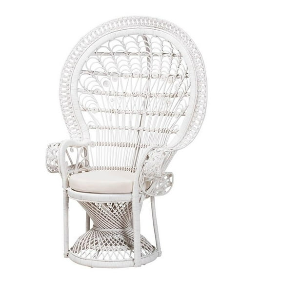 Pemberly Row Modern Bohemian White Natural Rattan Peacock Chair
