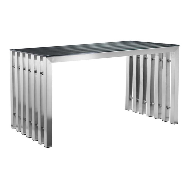 Pemberly Row Modern Brushed Steel Metal & Tempered Glass Desk in 
