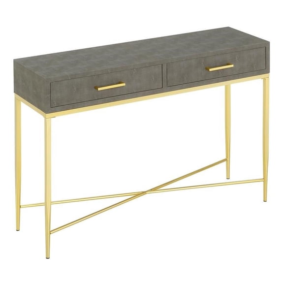 Pemberly Row Modern Console Table in Gray Faux Leather/Gold Wood Finish