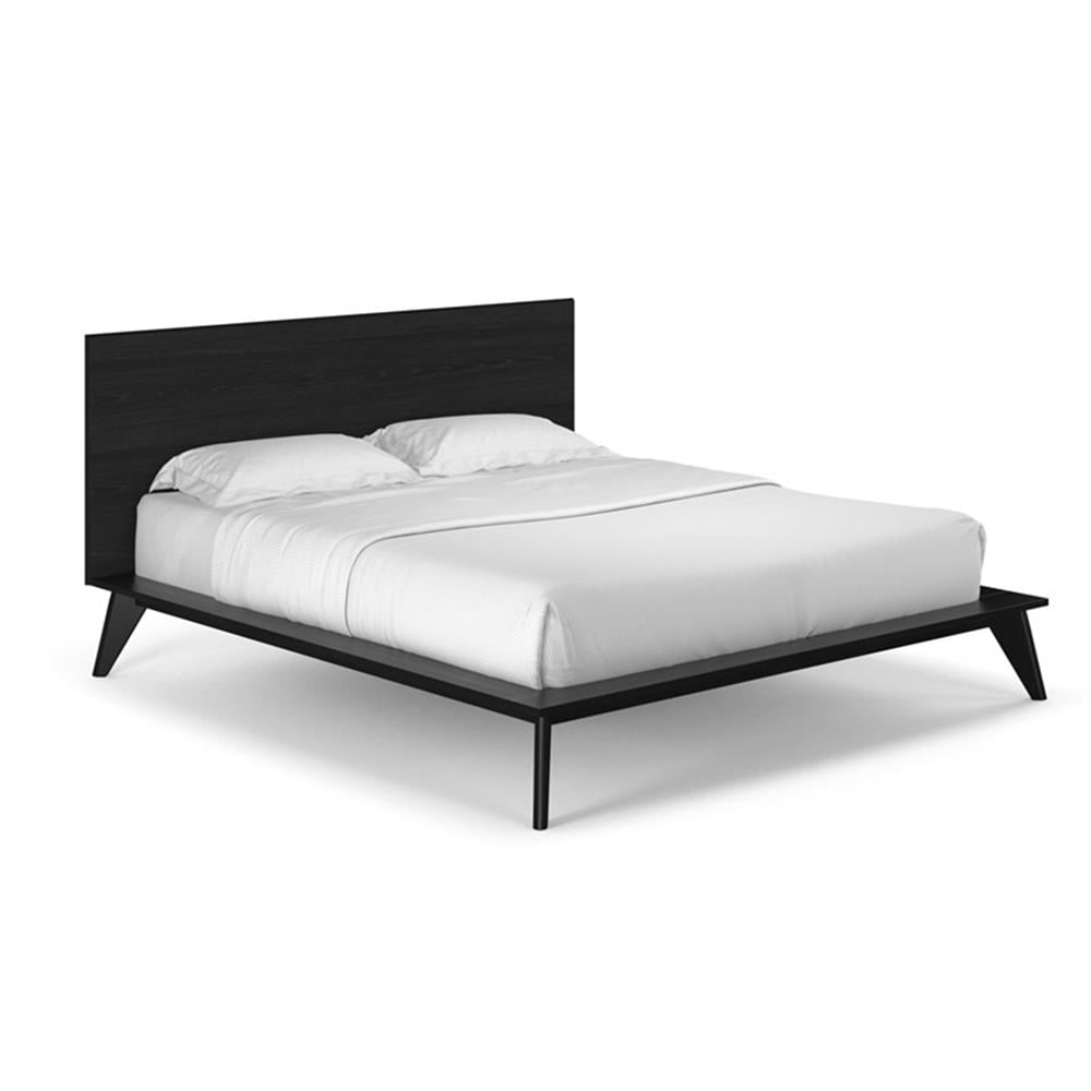 King Black Oak Wood Platform Bed with Headboard and Drawer