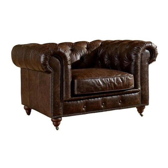 Pemberly Row Top Grain Leather Chesterfield 47" Leather Sofa in Brown