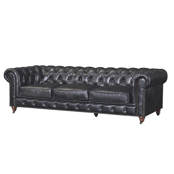 Pemberly Row Top Grain Leather Chesterfield 95" Leather Sofa in Black