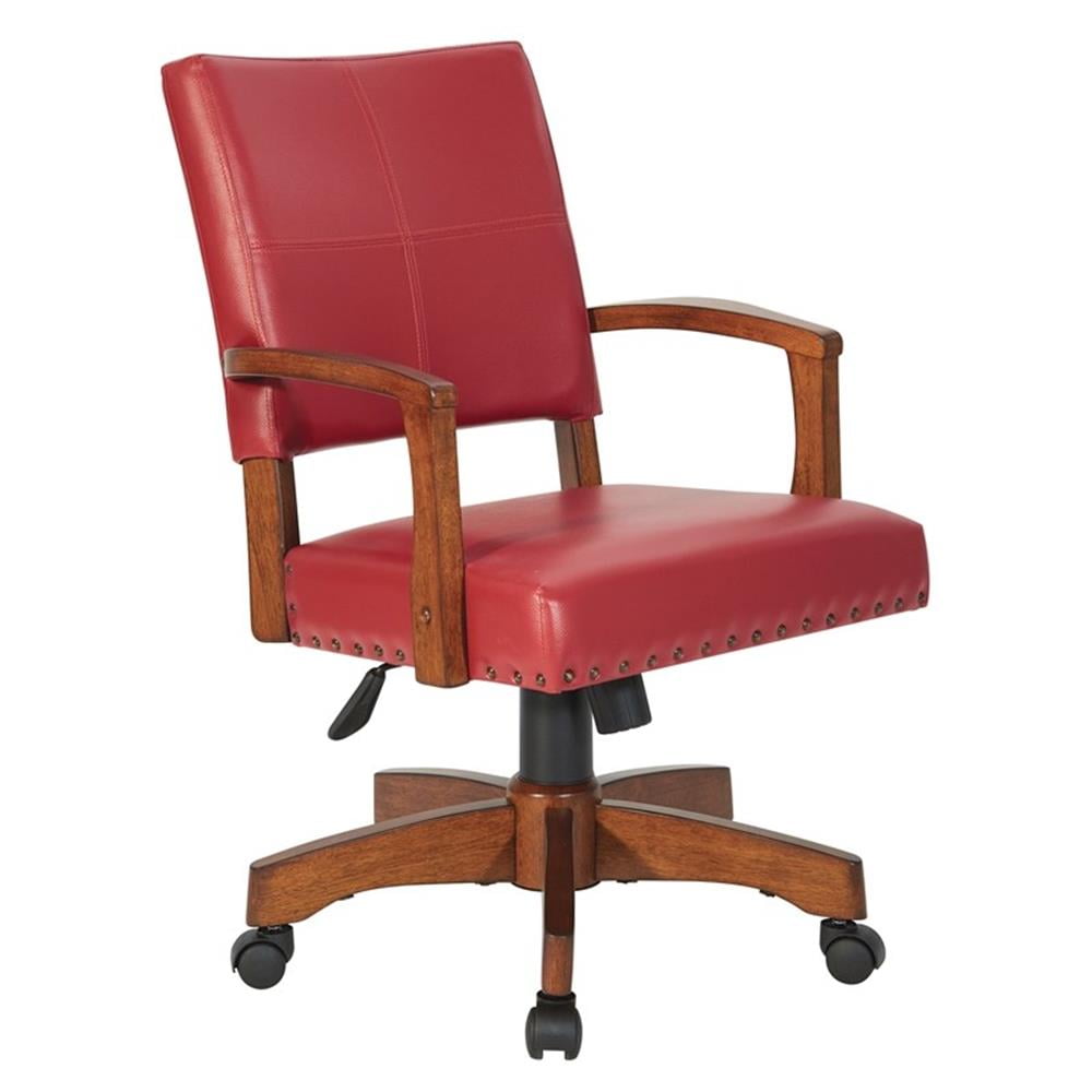 Red Faux Leather and Wood Bankers Chair with Bronze Nailheads