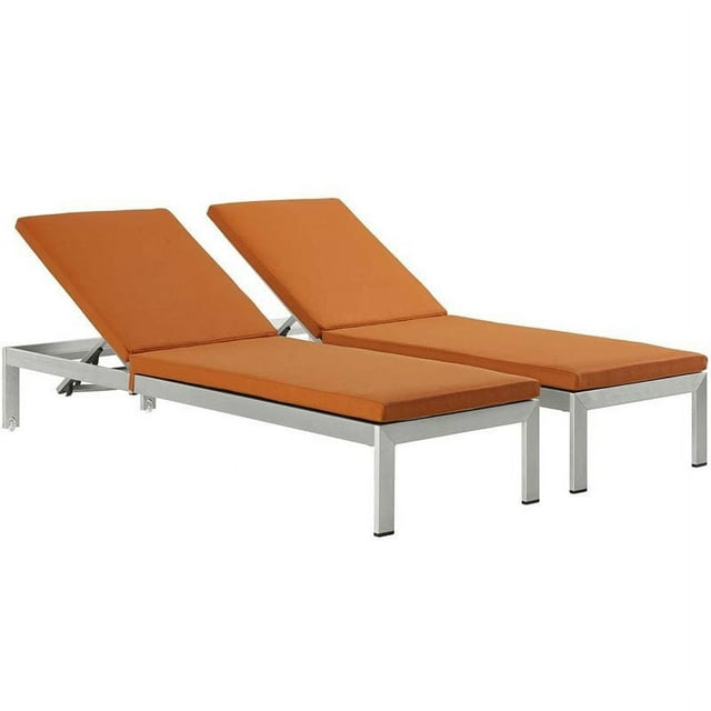 Pemberly Row Modern Fabric Patio Chaise Lounge in Orange (Set of 2)