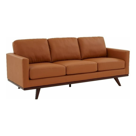 Pemberly Row Modern Faux Leather Sofa with Birch Wood Base Cognac Tan