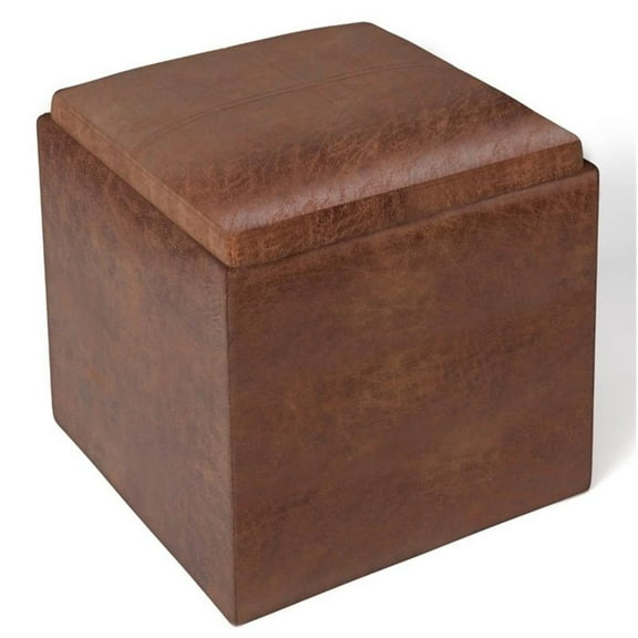 Pemberley Row Faux Leather Distressed Saddle Brown Storage Ottoman Cube Multi-Functional 16.9" Unassembled
