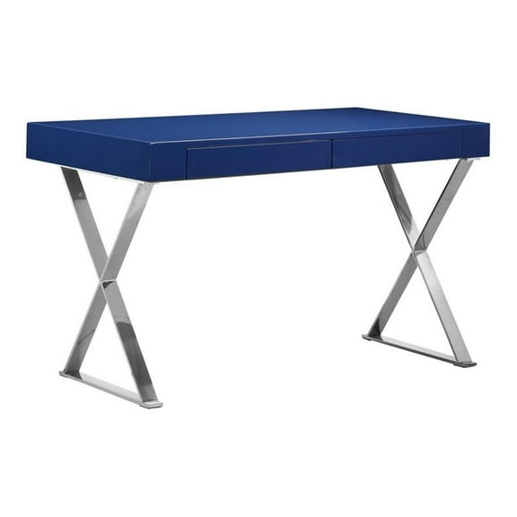 Pemberly Row Modern Gloss Lacquer & High Polished Steel Metal Desk in Navy