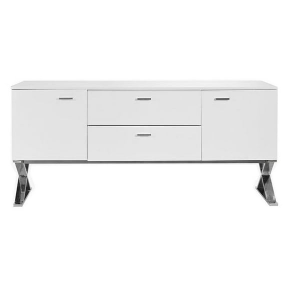 Pemberly Row Modern Gloss Lacquer & Polished Steel Metal Buffet in White