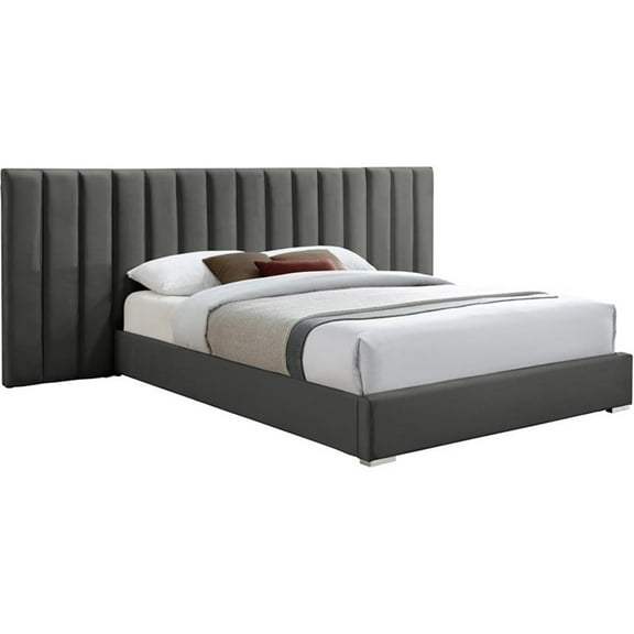 Pemberly Row Modern Gray Velvet King Bed with Chrome Metal Legs
