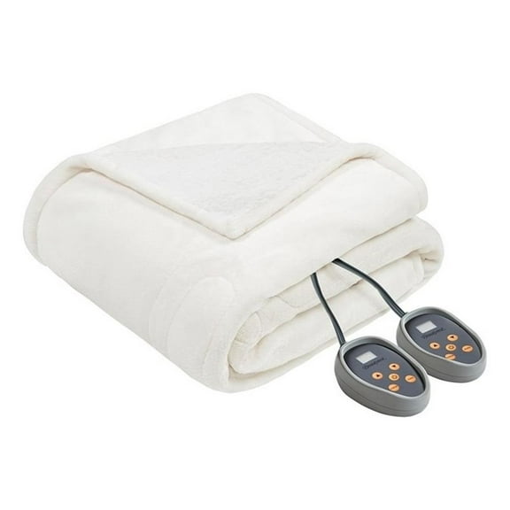 Pemberly Row Modern Heated Microlight to Berber Blanket in Ivory