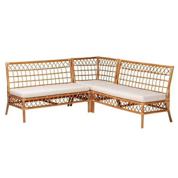 Pemberly Row Modern Honey Rattan 3-Piece Dining Nook Banquette Set