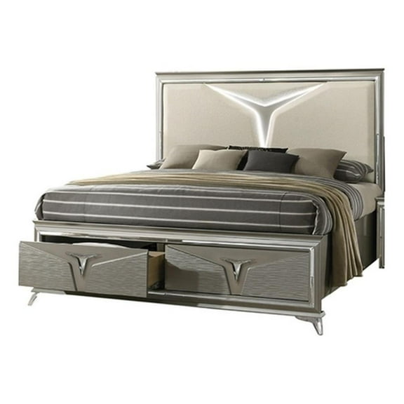 Pemberly Row Modern King Bed Made with Wood & LED Headboard in Silver