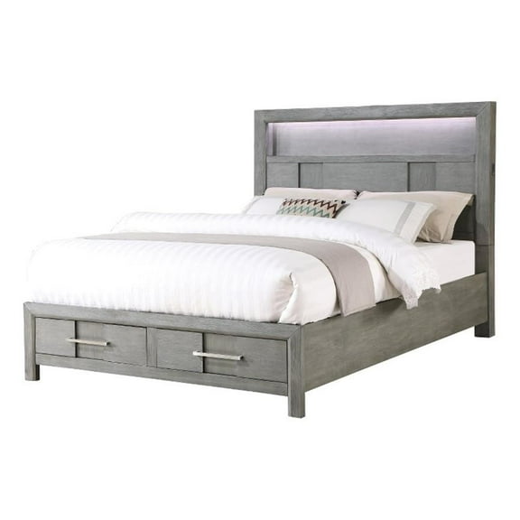Pemberly Row Modern King Wood Bed & LED Headboard in Gray Color