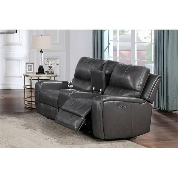 Pemberly Row Modern Leather Console Loveseat w/ Power Footrest in Gray