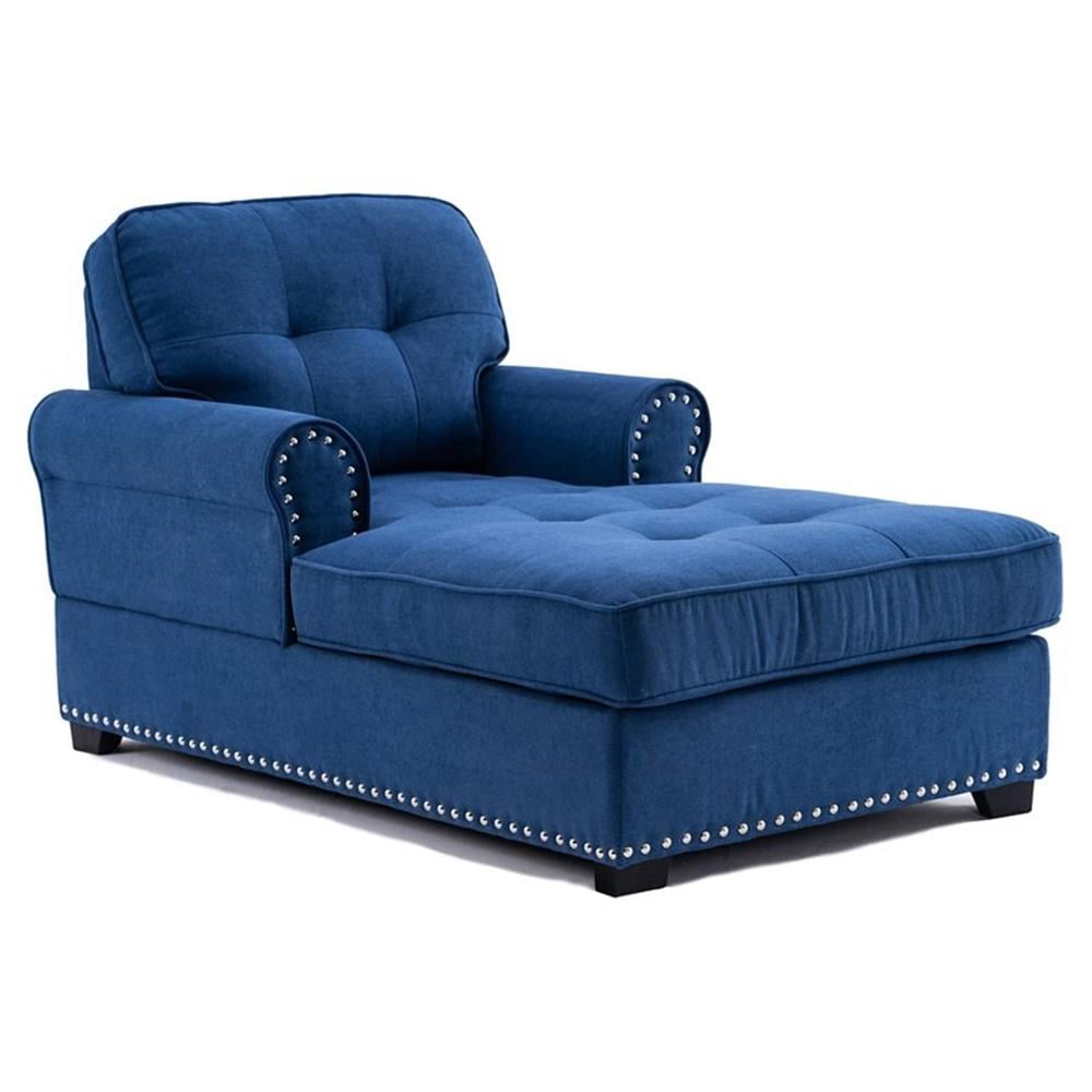 Tufted Blue Fabric Chaise Lounge with Rolled Arms