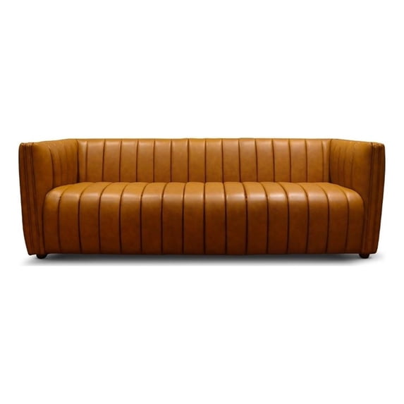 Pemberly Row Modern Luxry Tight Back Geniune Leather Couch in Cognac Tan