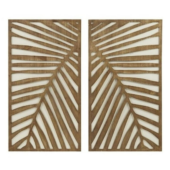Pemberly Row Modern MDF Birch Palms Carved Wall Panel in Brown (Set of 2)