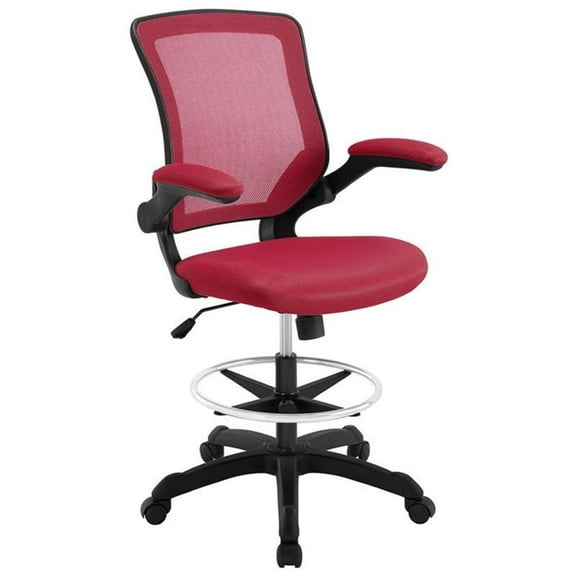 Pemberly Row Modern Mesh Fabric & Metal Drafting Chair in Red