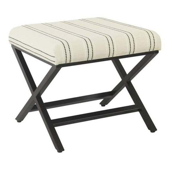 Pemberly Row Modern Metal and Fabric Stripe X-base Ottoman in Black and White