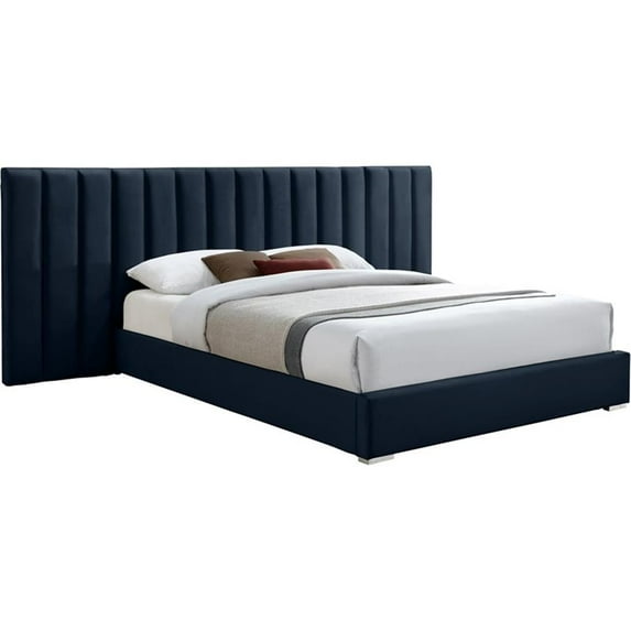Pemberly Row Modern Navy Velvet Queen Bed with Chrome Metal Legs