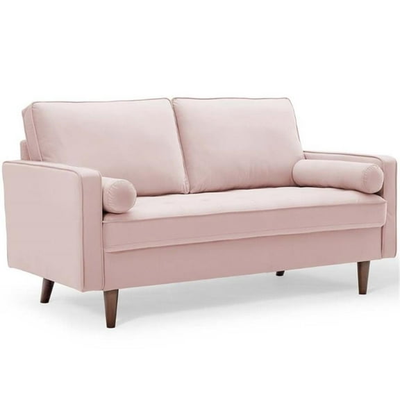 Pemberly Row Modern Performance Velvet Loveseat in Pink/Walnut