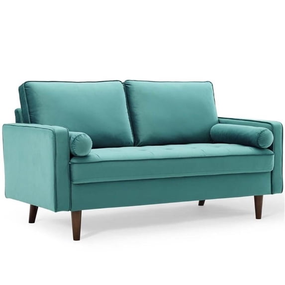 Pemberly Row Modern Performance Velvet Loveseat in Teal Blue / Walnut
