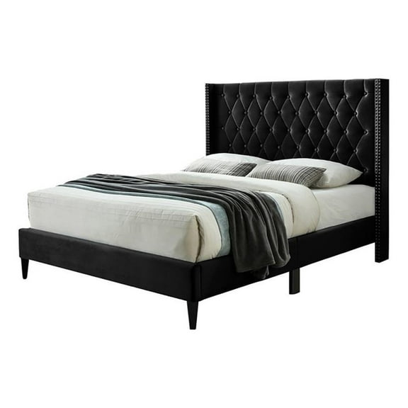 Pemberly Row Modern Plush Velvet Tufted Queen Platform Bed in Black