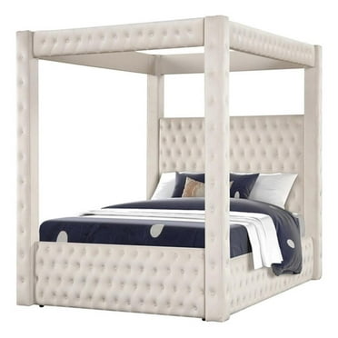Pemberly Row Modern Queen Crystal Tufted Bed made with Wood in Cream