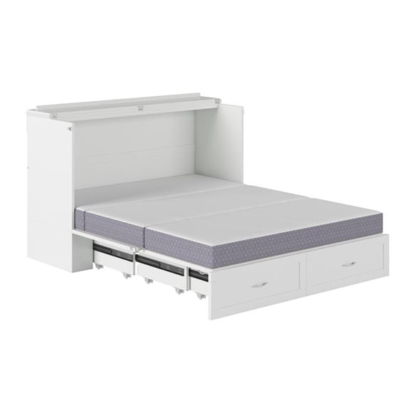 Pemberly Row Modern Queen Solid Wood Murphy Bed Chest with Mattress in White