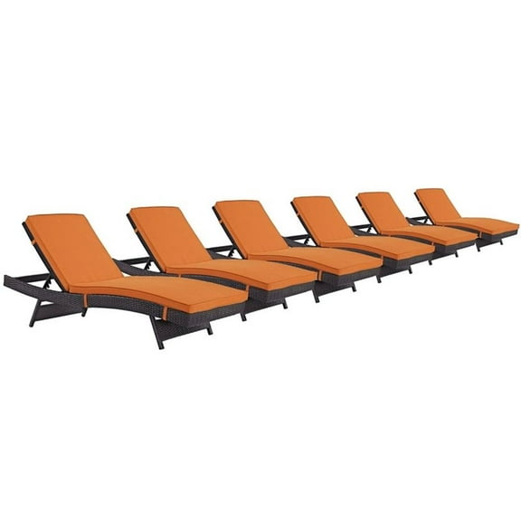 Pemberly Row Modern Rattan Outdoor Chaise in Espresso/Orange (Set of 6)