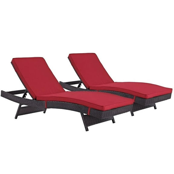 Pemberly Row Modern Rattan Outdoor Chaise in Espresso/Red (Set of 2)
