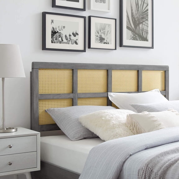 Pemberly Row Modern Rattan and Rubberwood Full Headboard in Gray