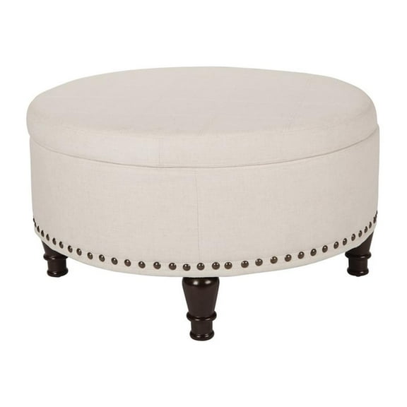 Pemberly Row Modern Round Storage Ottoman in Linen Cream Fabric